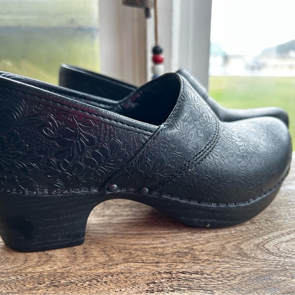Dansko Shoes - Women's Black Floral-Embossed Leather Clogs